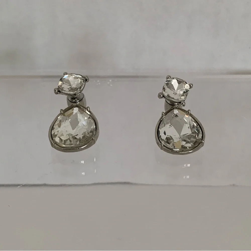 Clear Jewel Rhinestone Teardrop Earrings with Stud Silver Toned Hardware